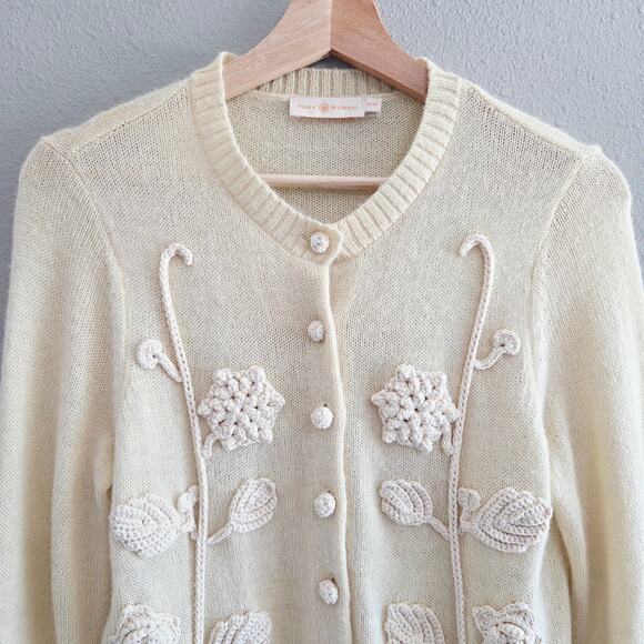 Tory Burch Wool Alpaca Cardigan With Embroidered Florals, Beige Cream, Size XS - Picture 3 of 12